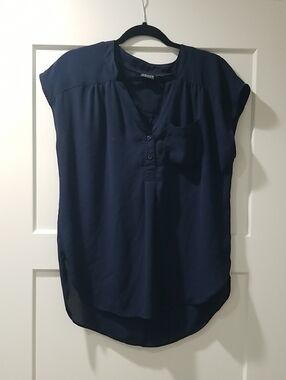 Soho Navy cap Sleeve V-Neck Blouse with Chest Pocket